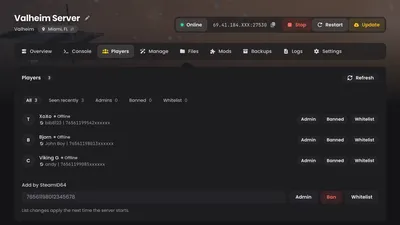Players tab: in-depth player management