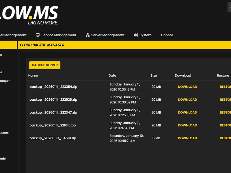 Cloud backup manager interface showing backup list with restore and download options